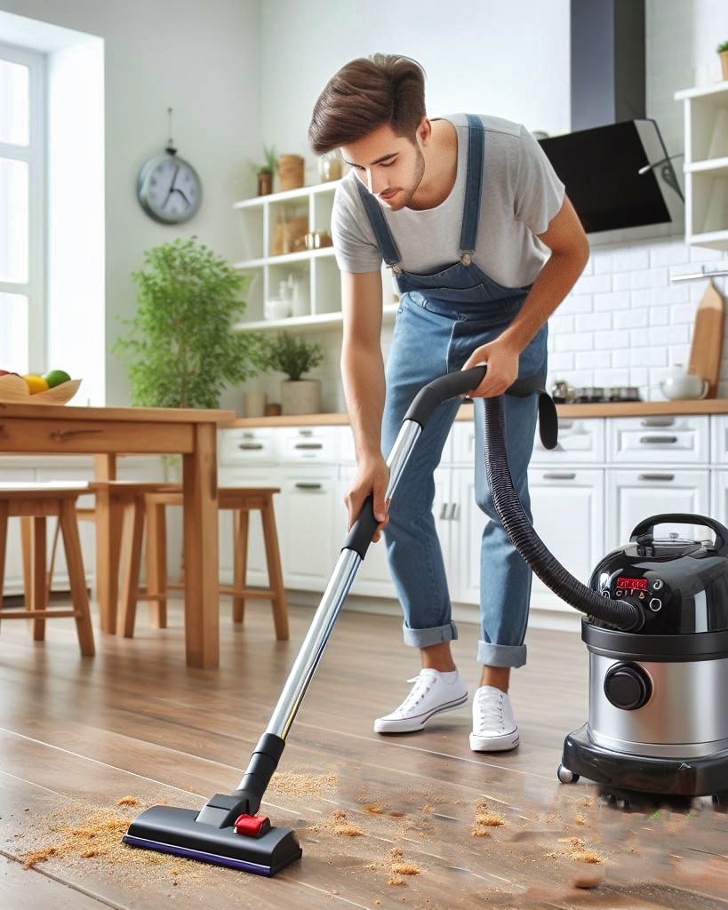 Uses of Vacuum Cleaners - Cleaning Food Crumbs from Floor with Vacuum Machine