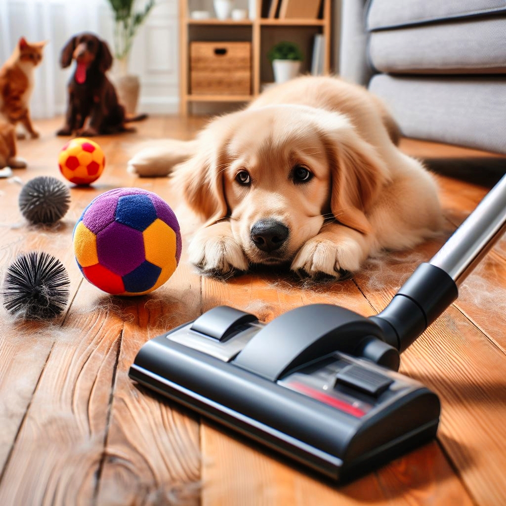 Cleaning Pet Hairs Shedded on Floor with Vacuum Cleaner
