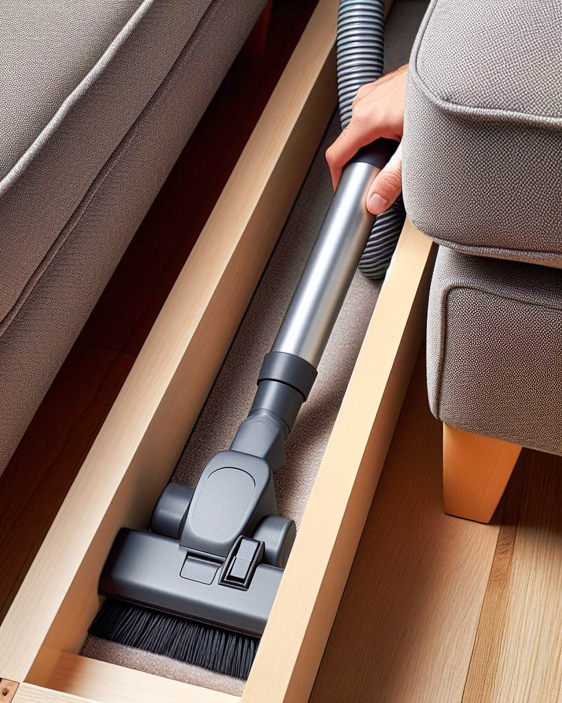 Furniture Cleft Cleaning with Crevice Tool of Vacuum Cleaner