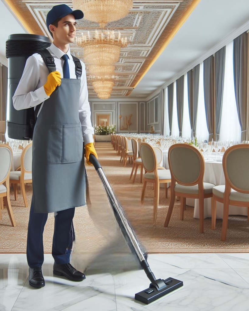 Hotel Staff Person Cleaning Banquet Hall with Backpack Vacuum Cleaner